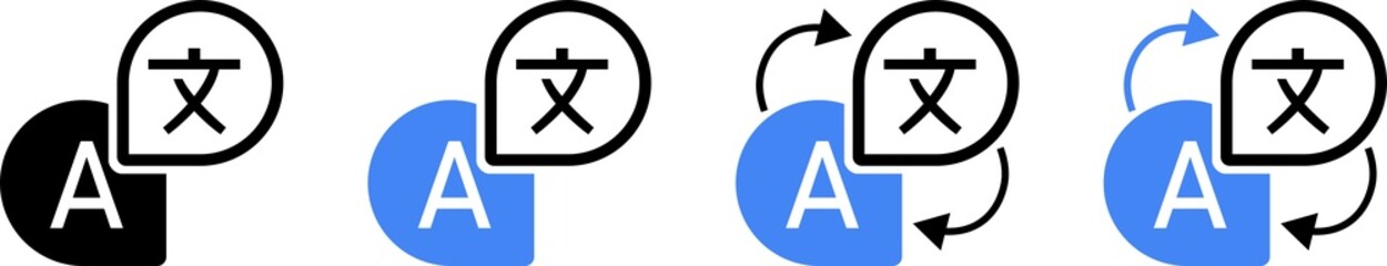 Translate vector icons set on transparent background. Black and blue, language translation signs. Line and stroke style. PNG image