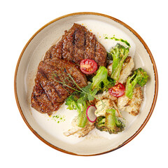 Portion of beef steak with vegetable salad