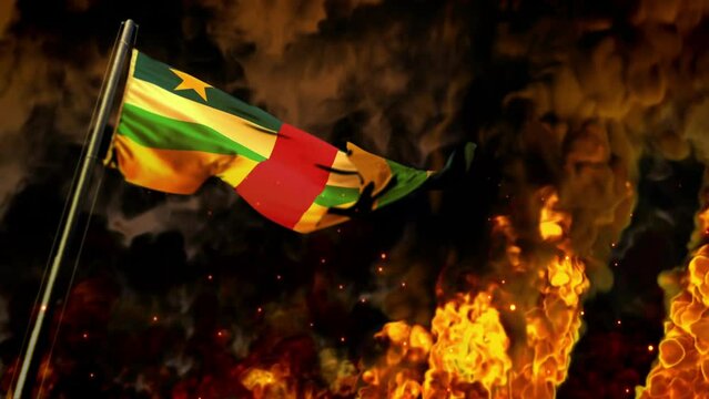 waving Central African Republic flag on burning fire background - problems concept