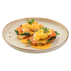 Portion of eggs benedict toast with salmon breakfast