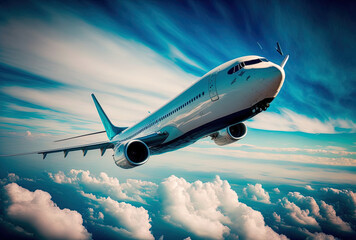 Passenger jet flying against a sky that is clearly blue.. Generative AI
