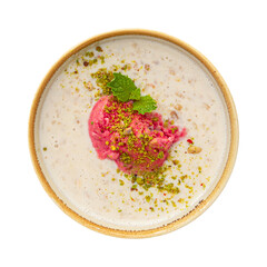 Portion of mixed cereal porridge with berry sorbet