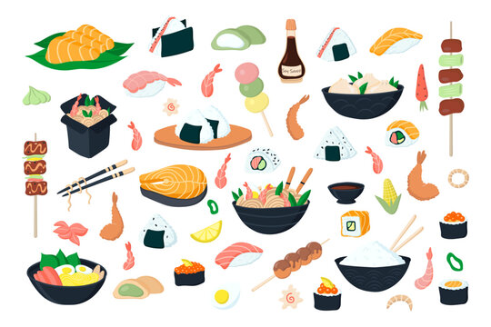 A large set of illustrations of Asian food