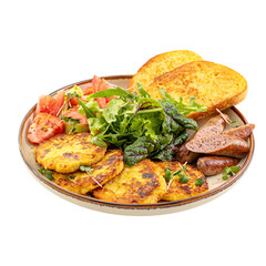 Portion of breakfast with potato pancakes and hunter's sausages