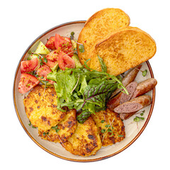Portion of breakfast with potato pancakes and hunter's sausages