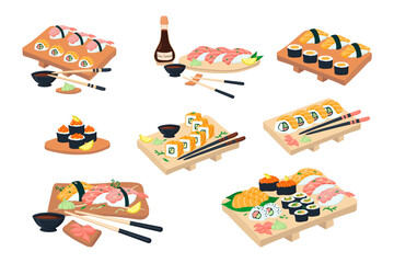 Large sushi set on a wooden plate