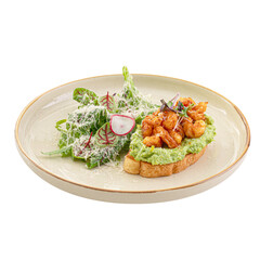 Portion of avocado toast with grilled shrimp and salad