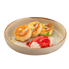 Portion of russian cottage cheese syrniki pancakes