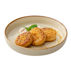 Portion of russian pancakes syrniki with cream