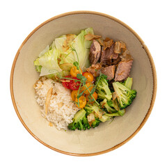 Portion of tuna poke bowl with vegetables and rice