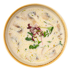 Bowl of gourmet mushroom cream soup with herbs