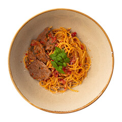Portion of gourmet spaghetti pasta arrabbiata with roast beef