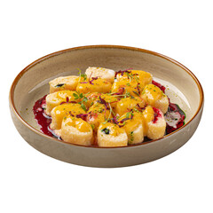 Portion of lazy dumplings with vanilla and cherry sauce