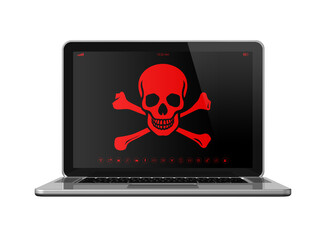 Laptop with a pirate symbol on screen. Hacker concept