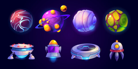 Alien space ships and planets isolated set. Ufo saucers, shuttles and rockets with asteroids. Fantasy cosmic objects, game graphic ui or gui elements, funny collection, Cartoon vector illustration © klyaksun