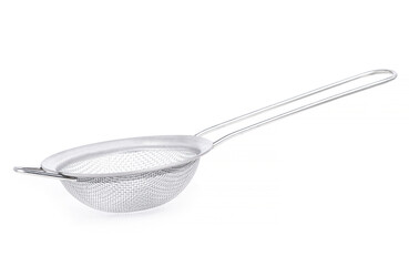 Small metallic strainer on white background