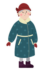 Senior woman in stylish winter clothes on white background