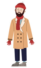 Man in warm winter clothes on white background