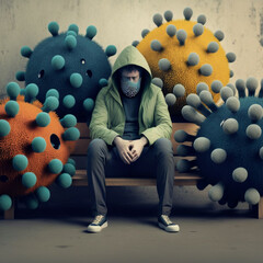 Person wearing mask, COVID-19 Virus surrounding them