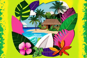 Fototapeta na wymiar Tropical island paper cutout collage with framing flowers and palm leaf arrangement depicting exotic beach vacation huts surrounded by ocean waves.