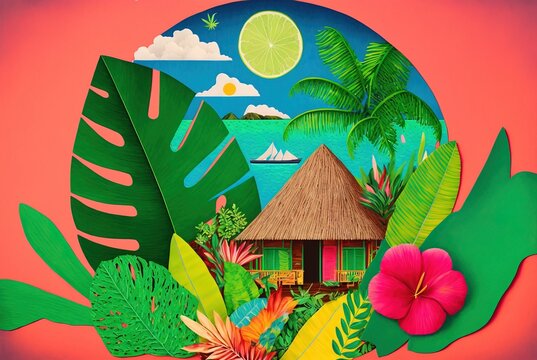 Tropical island paper cutout collage with framing flowers and palm leaf arrangement depicting exotic beach vacation huts surrounded by ocean waves.