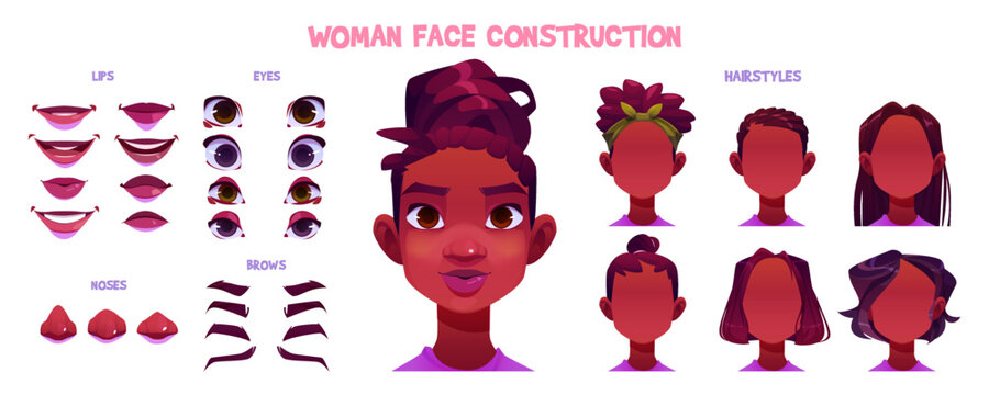 Woman face constructor, avatar of african american female character creation dark skin heads, hairstyle, nose, eyes with eyebrows and lips. Isolated facial elements for construction cartoon vector set