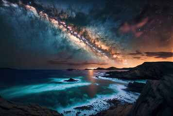 Naklejka na ściany i meble Beautiful nighttime sky with a coastline and the Milky Way galaxy in the distance.. Generative AI