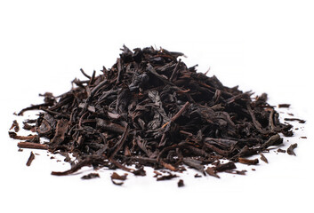 Dry black tea, leaves, heap, white background