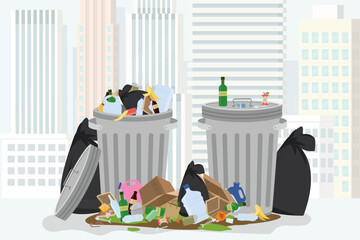 Garbage heaps around trash cans. Big smelly pile of garbage, urban view on background. Bad smell trash. Problems of disposal of household and organic garbage in city. Wrong waste management. - obrazy, fototapety, plakaty