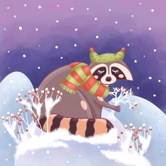 Winter postcard with a raccoon in the winter forest.