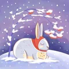 Winter greeting card with a hare, rabbit