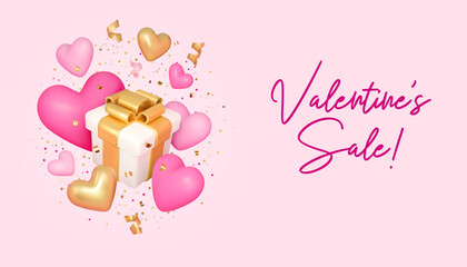 Valentine's Day sale 3d banner template. Vector pink illustration with gift box, hearts and sparkling golden confetti flying. Render holiday design, shopping concept
