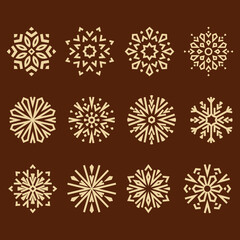 Snowflakes icon collection. Graphic modern gold and brown ornament
