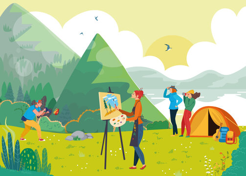 Creative character people together draw, photography nature outdoor landscape, backpack travel hike flat vector illustration.