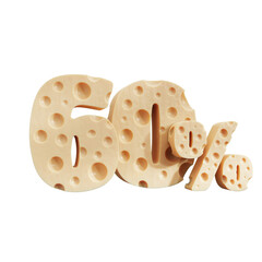 sixty percent typography, 60 Sale off discount promotion made of realistic Cheese, 3D rendering.