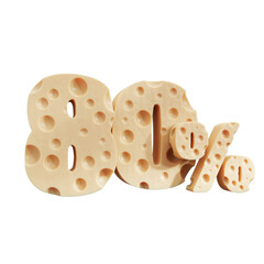 eighty percent typography, 80 Sale off discount promotion made of realistic Cheese, 3D rendering.