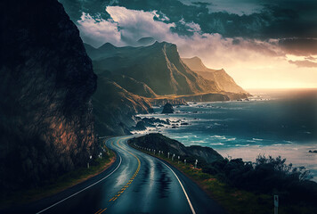 Mountain road with a backdrop of the ocean. Generative AI