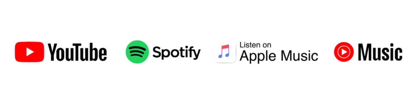 Apple Music, Spotify, YouTube Music, YouTube - a set of logos for popular music streaming services. Logos on isolated background for your design. Vector EPS 10