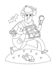 Detective with magnifying glass and map on hill. Vector Coloring Book for Children. Black and white outline. illustration.