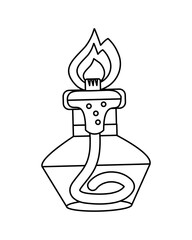 Spirit lamp with wick, glass jar of liquid and flame. Black and white outline. Vector illustration. Icon on isolated background for the design.