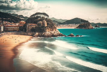 Obraz premium Beautiful landscape of a tropical beach in the Spanish tourist town of San Sebastian. Generative AI