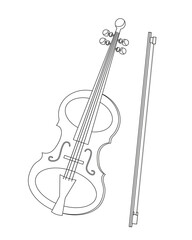 Fototapeta na wymiar Violin with bow, isolated musical instrument on white background. Black outline. Vector illustration. Icon for design. 