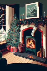 christmas tree with fireplace and gifts