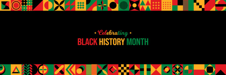 Celebrating Black History Month Background. February Awareness Celebration poster. Horizontal website header banner vector illustration. Neo Geometric pattern concept. Social media post, graphic art - obrazy, fototapety, plakaty