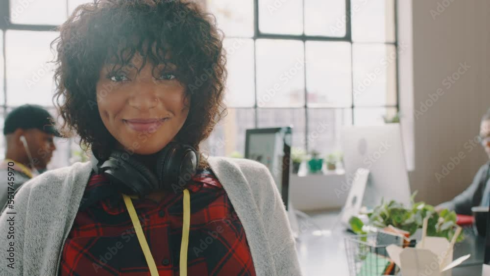 Poster creative, web design and face of a black woman in the office planning a website project. happy, smil