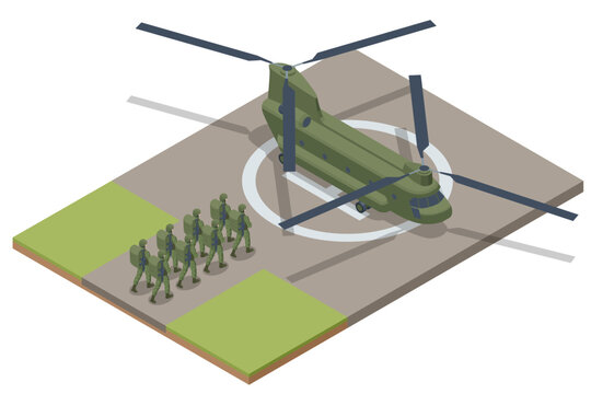 Soldiers loading onto a helicopter. Isometric Chinook is a tandem-rotor helicopter developed. Special force crew. Military concept for army, soldiers and war.