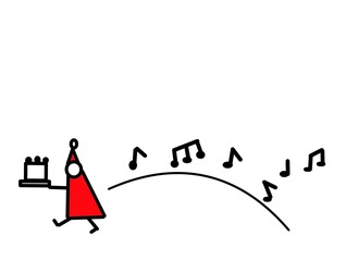 12月　サンタ服の人物　ケーキを楽しいそうに運ぶ