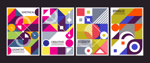 Abstract Bauhaus geometric pattern background vector circle.
minimalistic cover design.triangle and square line pattern art.Bauhaus background
with a bright color composition.