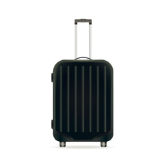 Realistic plastic suitcase. Black travel suitcase on a white background.