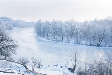 Obraz na płótnie Canvas A forest with frost near a frozen river on a sunny winter morning